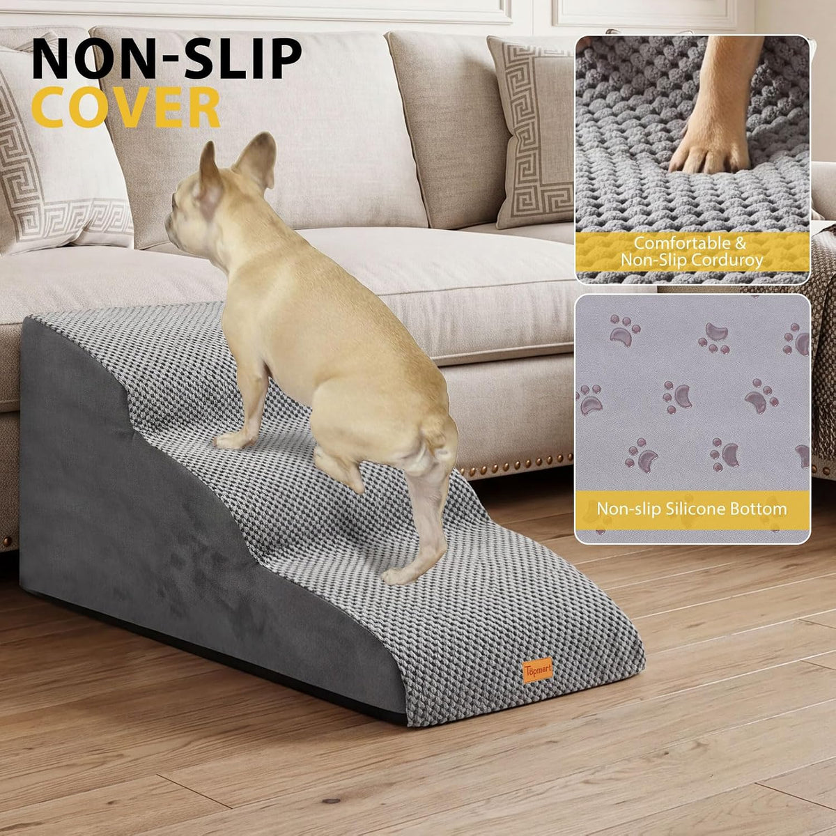 Dog Stairs for Small Dogs, Extended 3-Step Foam Pet Ramp for Bed Couch