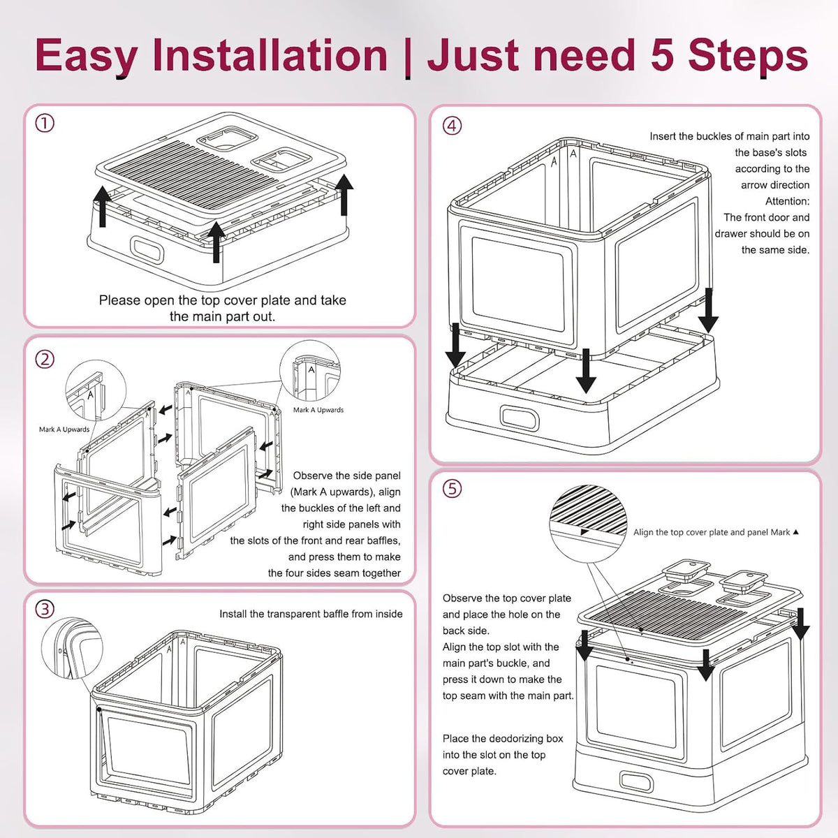Marchul Enclosed Stainless Steel Cat Litter Box with Lid & Drawer Design for Indoor All Lifestyles Cats, Metal Covered Cat Litter Box, Baffles for Anti-Leakag, with Litter Scoop & Litter Mat（Pink）