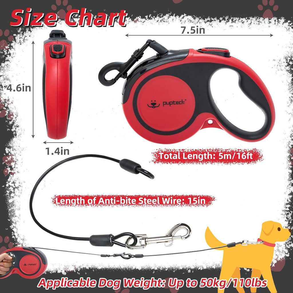 PUPTECK 16 ft Retractable Dog Leash with Chew Proof Cable for up to 110lbs Small Medium Large Dogs, Heavy Duty Dog Leash for Daily Training Walking, Red