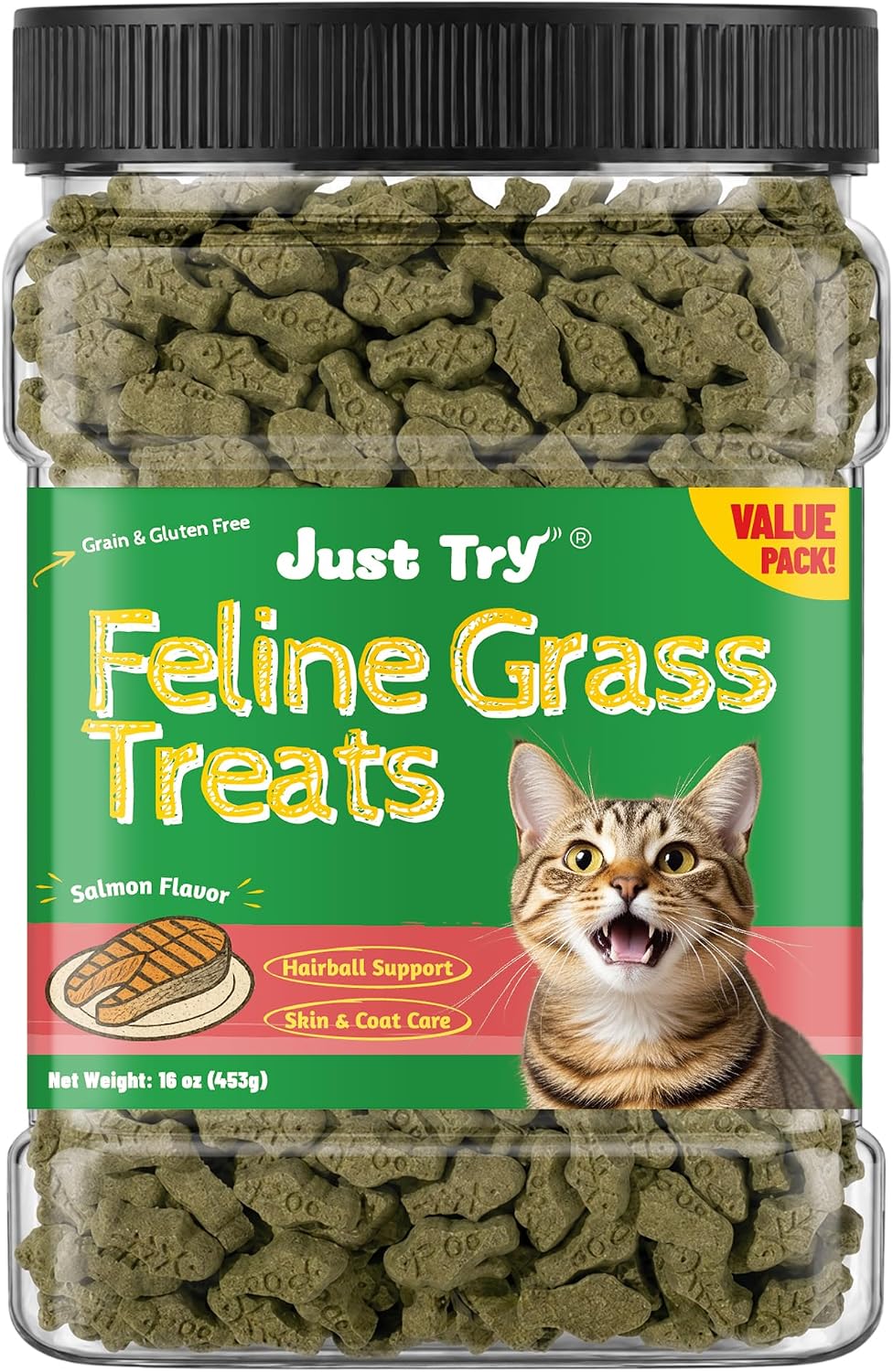 Just Try 16 oz Feline Grass Treats Salmon Flavor Hairball Treats for Cats