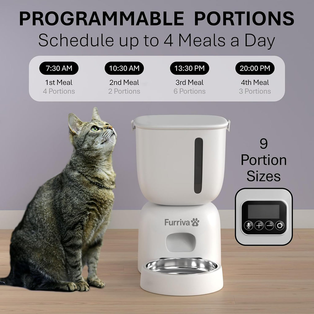 Automatic Cat Feeder and Water Fountain Set, White - 3L Feeder & 2L Fountain, Stainless Steel Bowl, Locking Lid, Plug-in/Battery Powered, 4 Meals/Day, 10s Voice Recorder for Cats and Small Dogs