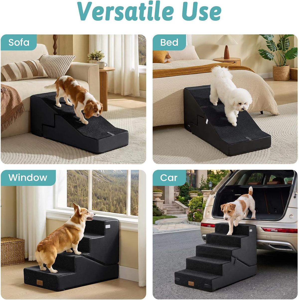 COZY KISS Dog Stairs for Small Dog, 18.9" H, 4 Step pet Step for Bed, Black