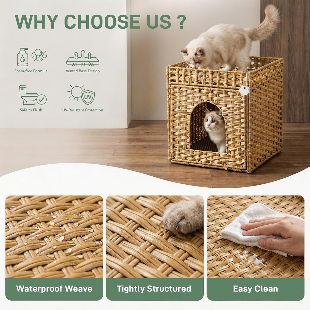 Cat Litter Box Furniture, Rattan Litter Box Enclosure Cabinet for Indoor Cats, Ventilated Covered Litter Box House, Decorative Litter Box Hider with Mat