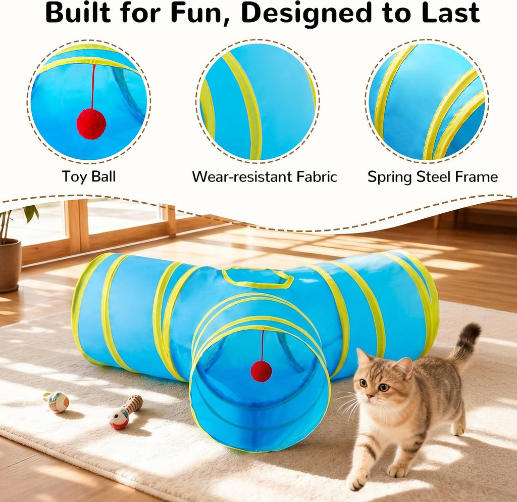 Tempcore Cat Tunnel, 3-Way Collapsible Toy for Indoor Cats, Blue & Yellow | 3-Way Cat Tunnel with Peek Holes, Hanging Ball and Teaser Wand, Collapsible Design for Play, Hiding, Chasing and Exercise