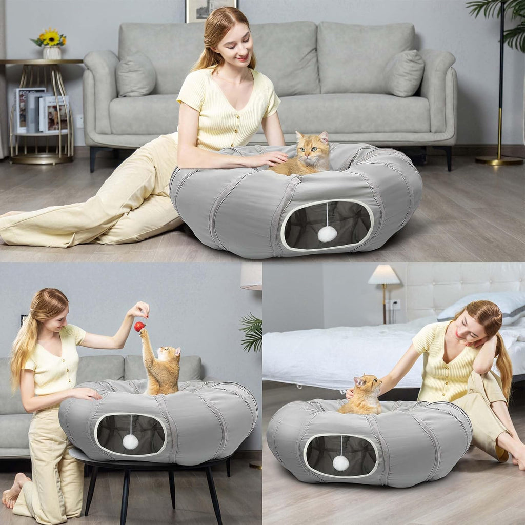 AUOON Cat Tunnel with Bed for Kitten Puppy Rabbit Ferret, Light Grey