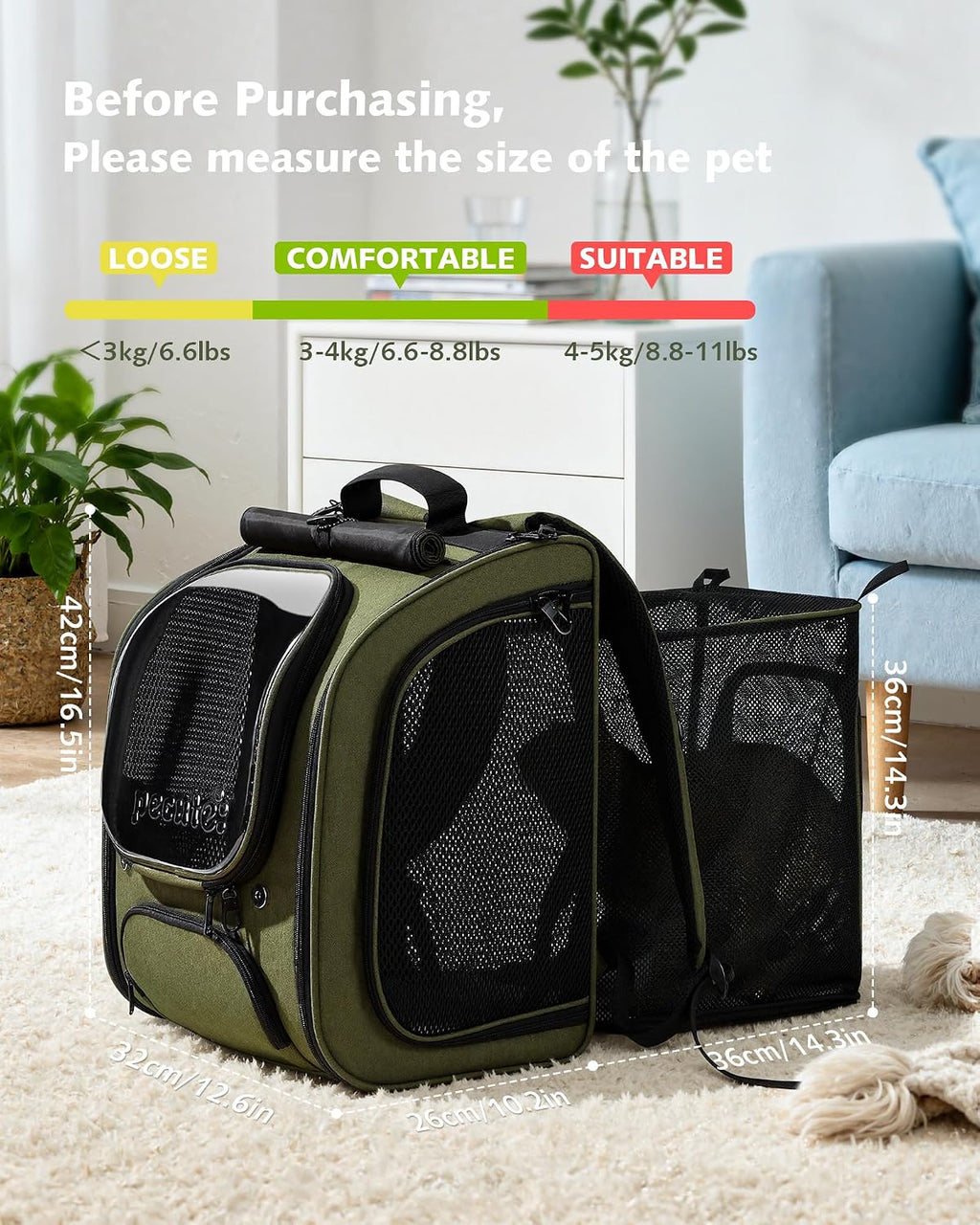 Pecute Cat Backpack Carrier,Cat Bubble,12.6" L x 10.2" W x 16.5" H,Green