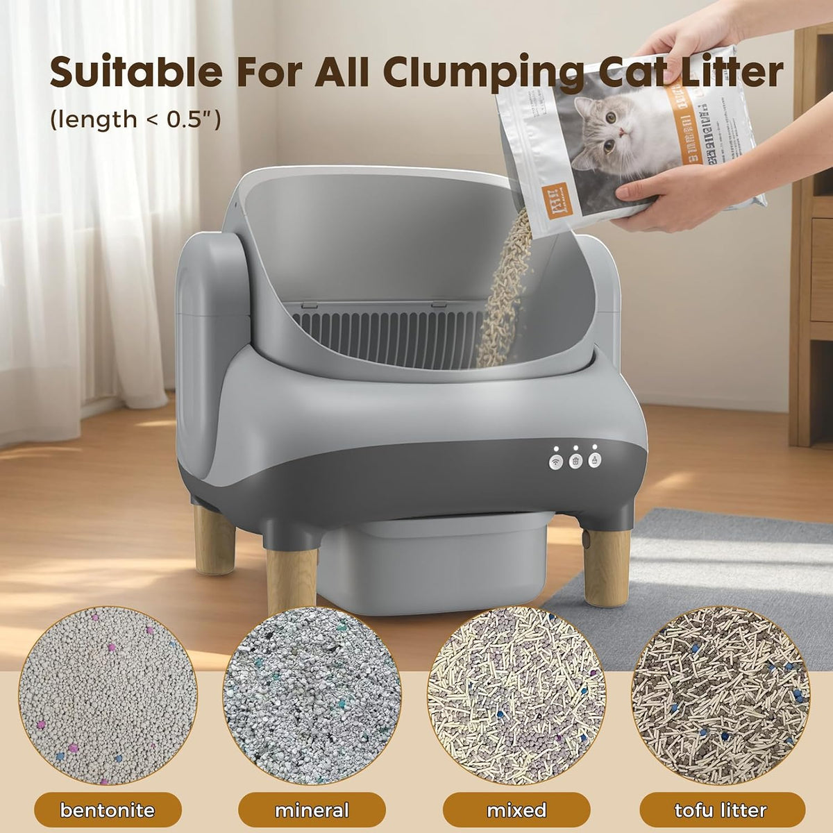 GTPLAYER Smart Cat Litter Box, Open-Top Self Cleaning Cat Litter Box with App Control, Safety Sensors, Large Capacity Waste Bin, Easy Maintenance, Automatic Litter Box for Multi-Cat Homes, Gray