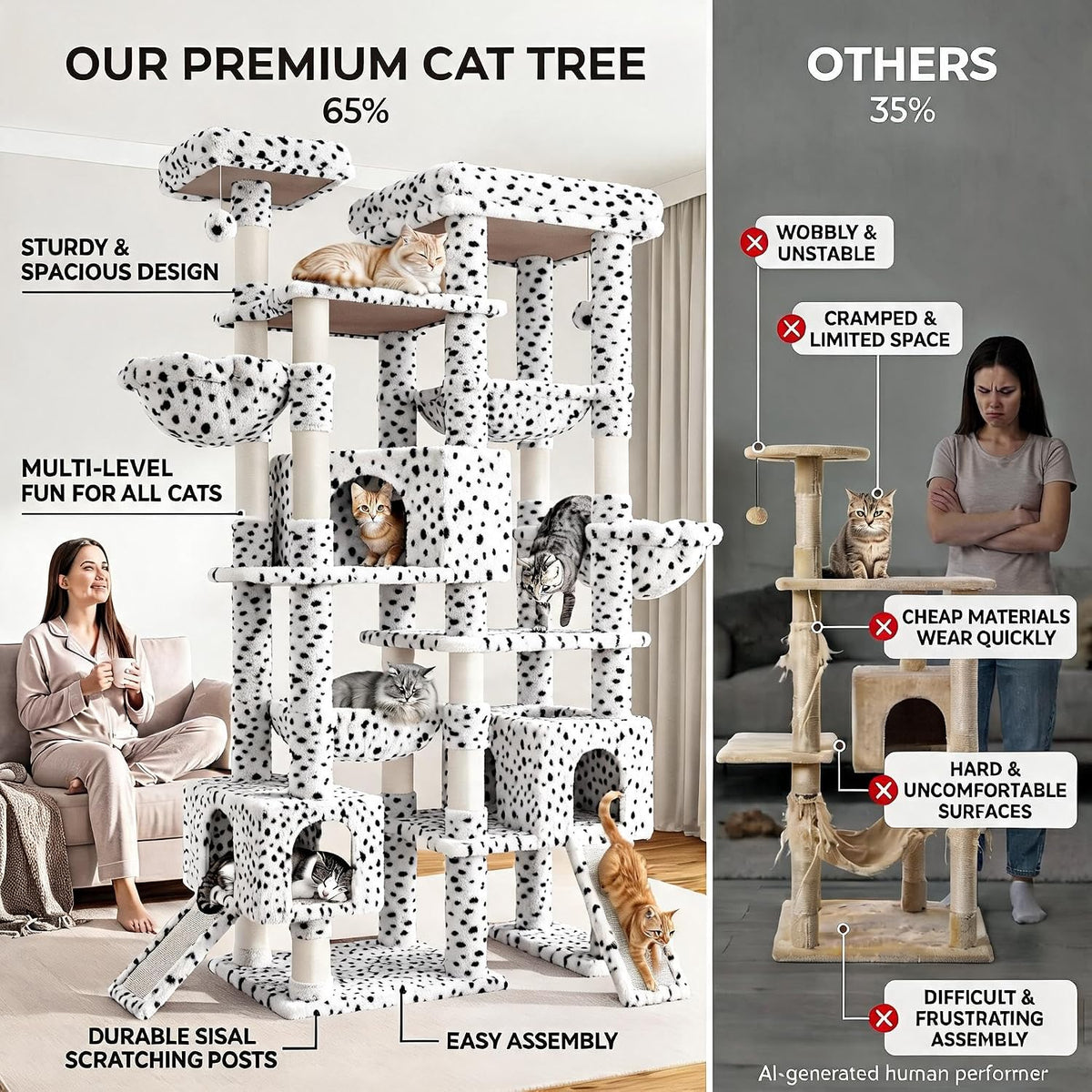 SHA CERLIN 87 in Multi-Level Tall Cat Tree Tower for Large Cats/Extra Wide Feline Activity Center/Sisal Scratching Posts/Wide Base/Cozy Plush Perches/Baskets/Hammocks/Toy Balls/White & Black Spot