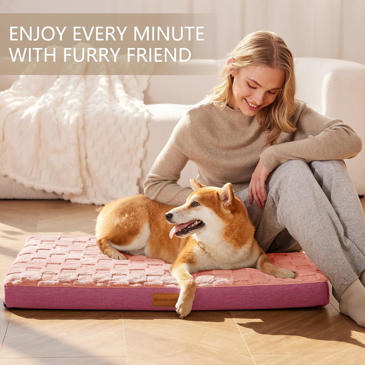 Patas Lague Orthopedic Large Dog Bed Washable Pet Crate Mat 48''X30'' Pink