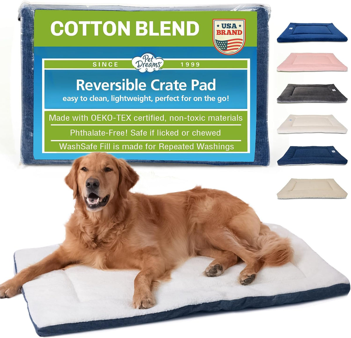 Pet Dreams Dog Crate Pad - Washable Kennel Mat, Crate Pads for Dog Cages, Non-Toxic, Flat Indoor Cat Bed, Fits iCrate 18, 24, 30, 36, 42, 48 Inches (Denim, Large, 36")