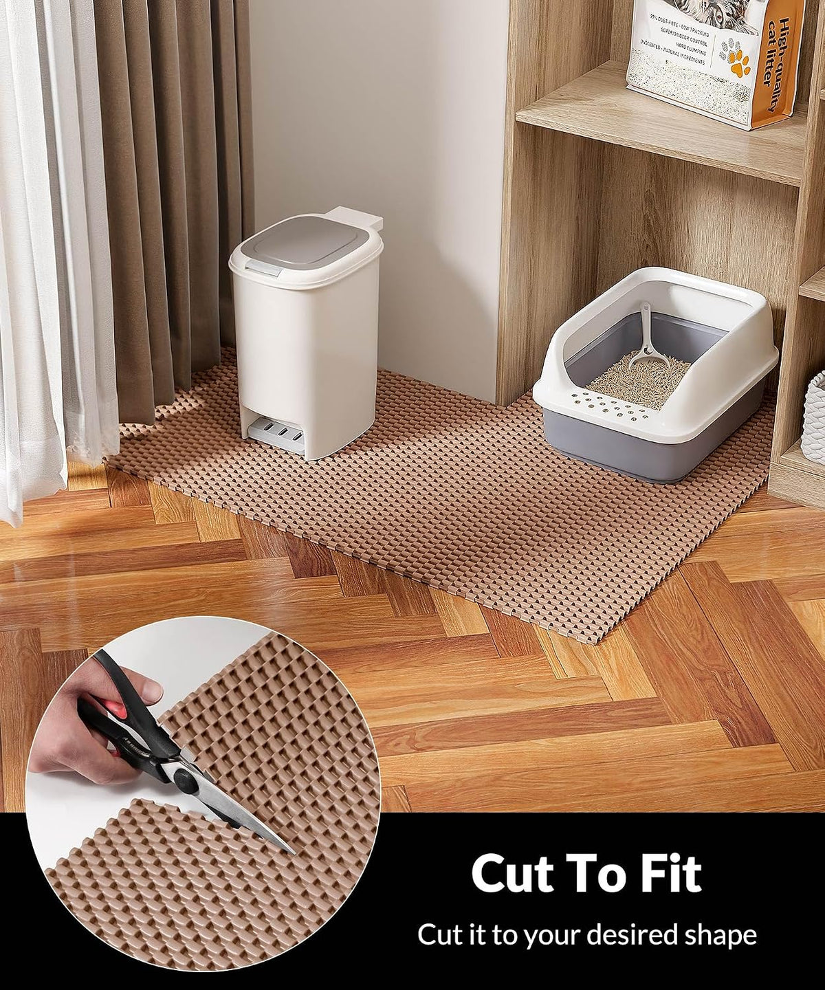 Cooyes Cat Litter Mat - Cut to Fit Any Place, 35"x23" Large Litter Trapping Mat for Litter Box, Easy to Clean, Waterproof & Non-Slip Kitty Pad, Scatter Control to Protect the Floor (Khaki)