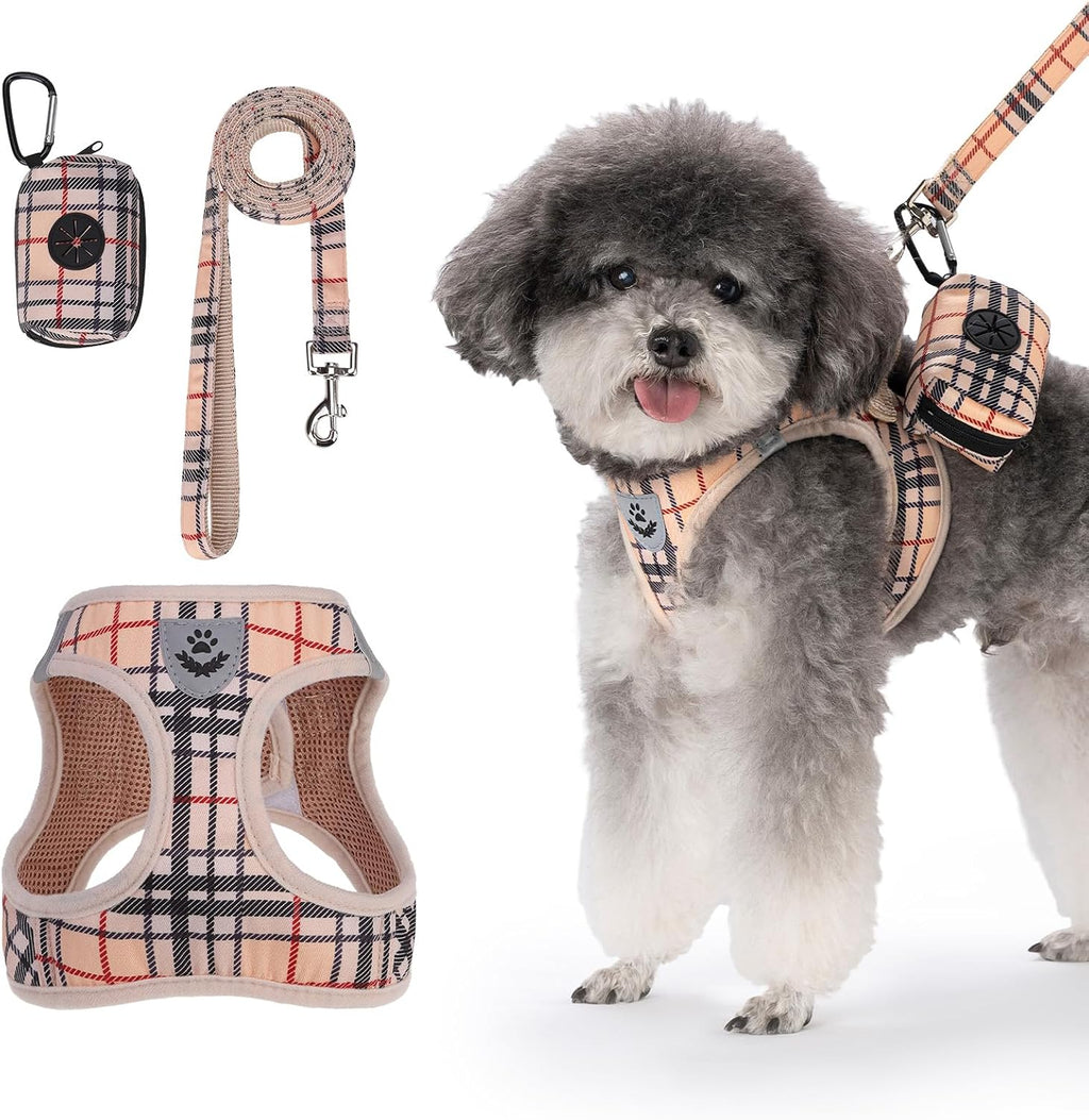 PAWCHIE Dog Harness and Leash Set, Step in No Pull Soft Pet Harness, Reflective Adjustable Puppy Vest for Small Medium Dogs Cats, No Choke Harness Vest with Poop Bag Holder for Walking,Running,Beige M