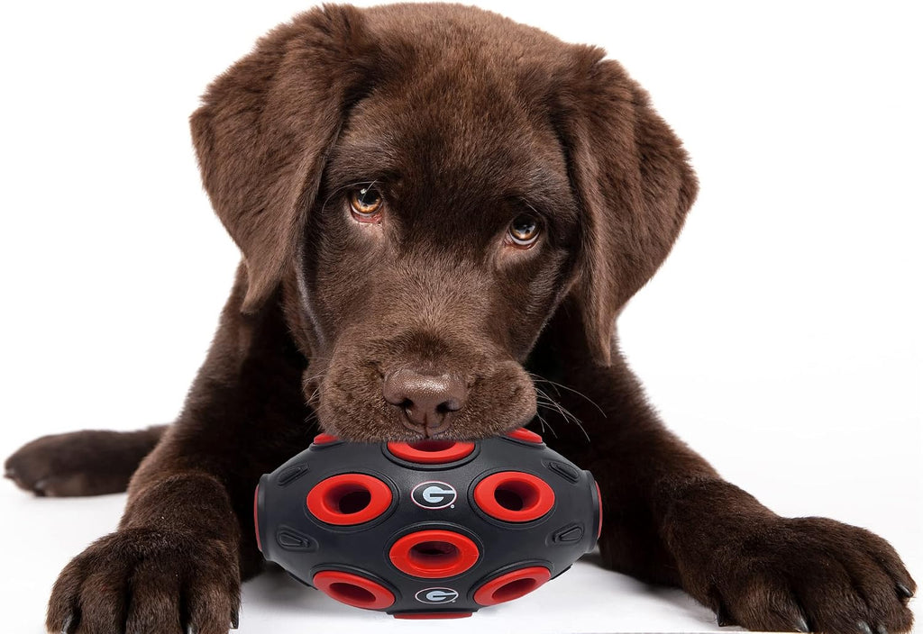 Pets First NCAA Georgia Bulldogs Football Treat Dispensing Toy for Dogs and Cats, Rubber Ball Dog Feeding Toy