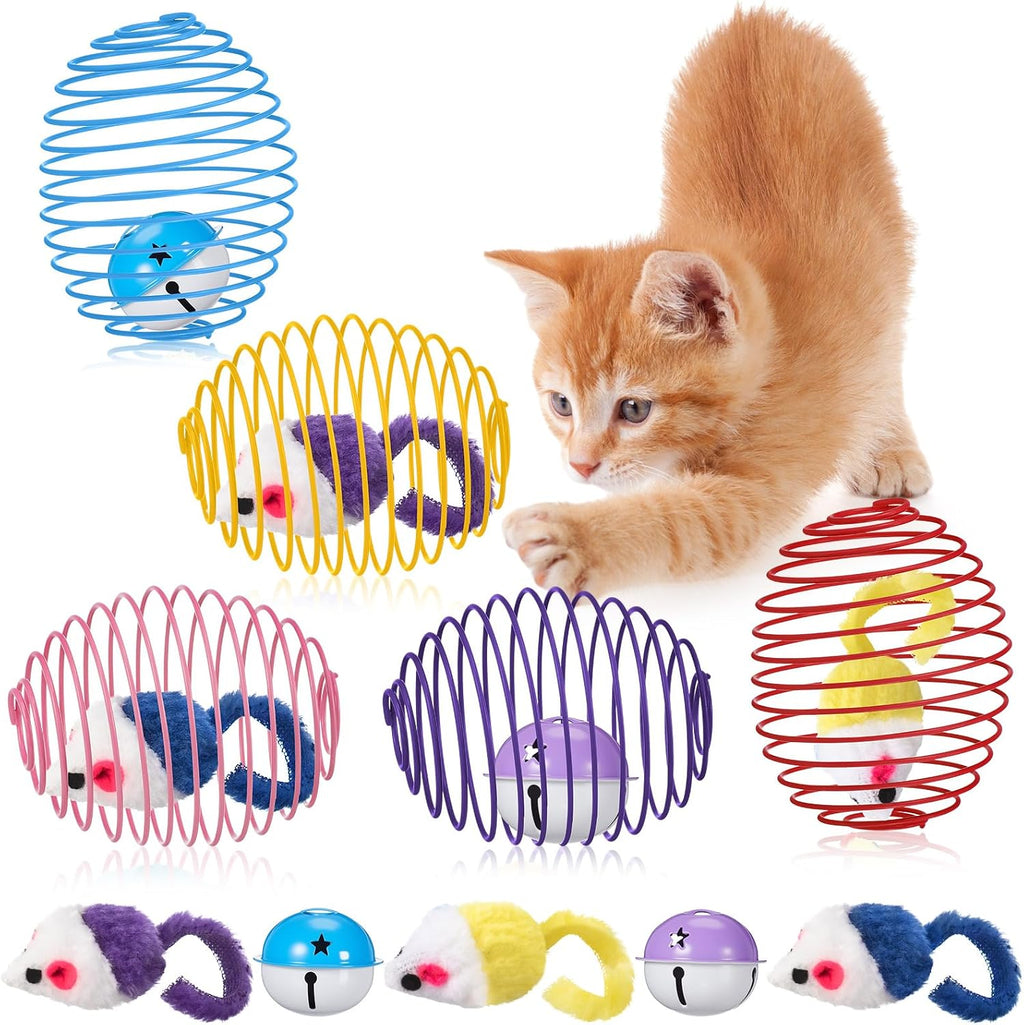Jecery 5 Pcs Cat Toys Spring,Mouse and Bell,Mix Colors