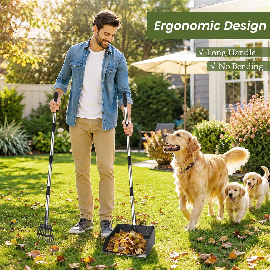 T2Y Pooper Scooper for Large Dogs, Rake & Spade & Extra Large Tray Set | 48" Tall No-Bend | 9.4'' Large Tray | Stainless Steel | Adjustable | Works on Grass, Gravel & Dirt | Easy to Install