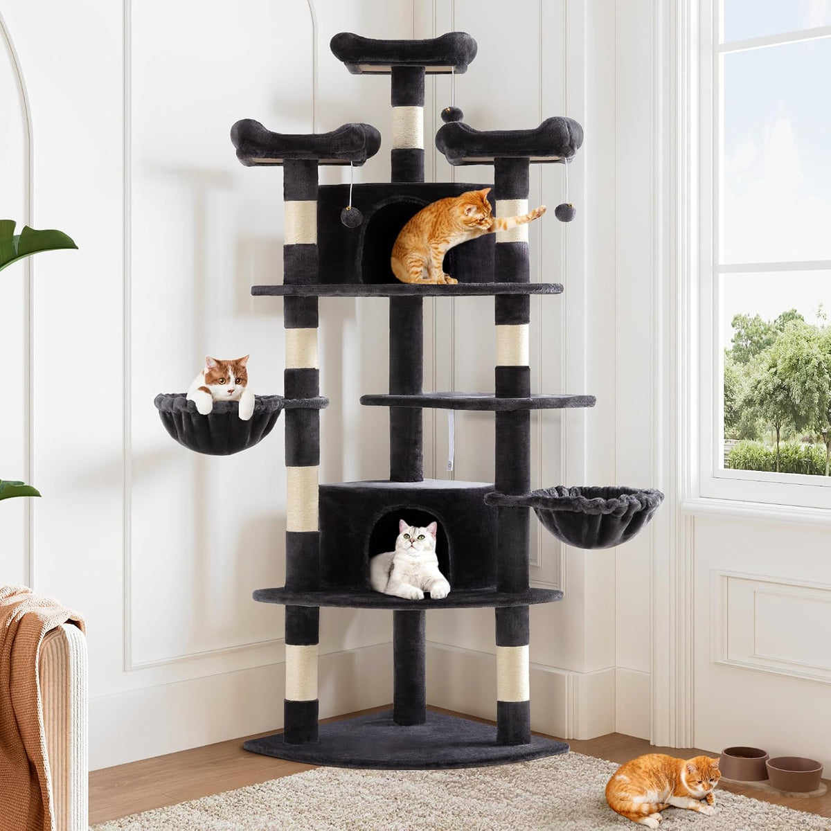 Allewie 73in Fan-Shaped Space-Saving Corner Cat Tree Tower, Dark Grey