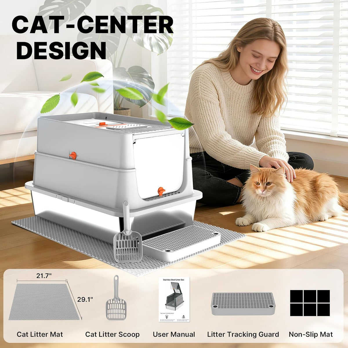 Stainless Steel Litter Box with Flip Lid, XL Extra Large Cat Litter Box with High Sided Top Entry Design, Anti-Leakage Enclosed Metal Litterbox for Big Cats, with Handle, Mat, Pedal & Scoop Grey