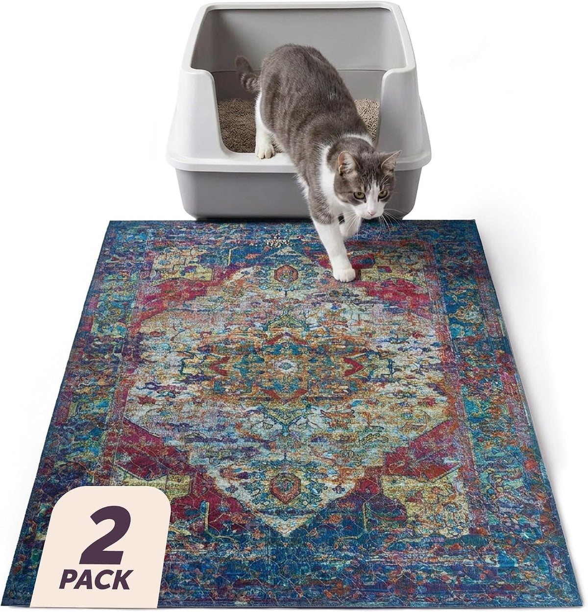 Lovewag Cat Litter Mat, Litter Box Mat, Bohemian Jewel, 16x24, 2 Pack | Washable litter mat cover, kitty litter mat & cat mat for litter box, litter trapping mat, prevents tracking, multi-cat