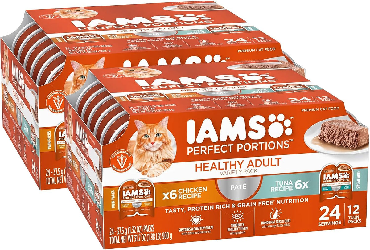 IAMS Perfect Portions Sensitive Digestion & Skin Wet Cat Food Pate, Healthy Adult Grain Free Pate, Chicken and Tuna Recipe, 2.6 oz. 12 Count (Pack of 4)