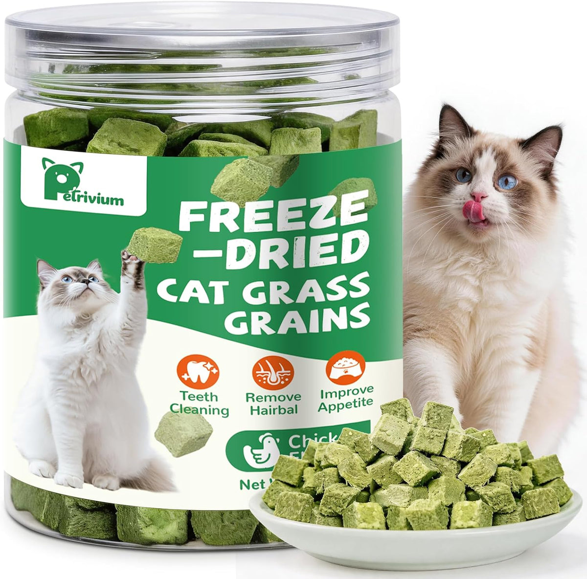 Cat Grass Treats for Indoor Cats, 60g Freeze-Dried Cat Teeth Cleaning Treats - Feline Grass Treаts for Hairball Control and Digestive Support with Probiotics & Prebiotics, Chicken Flavor