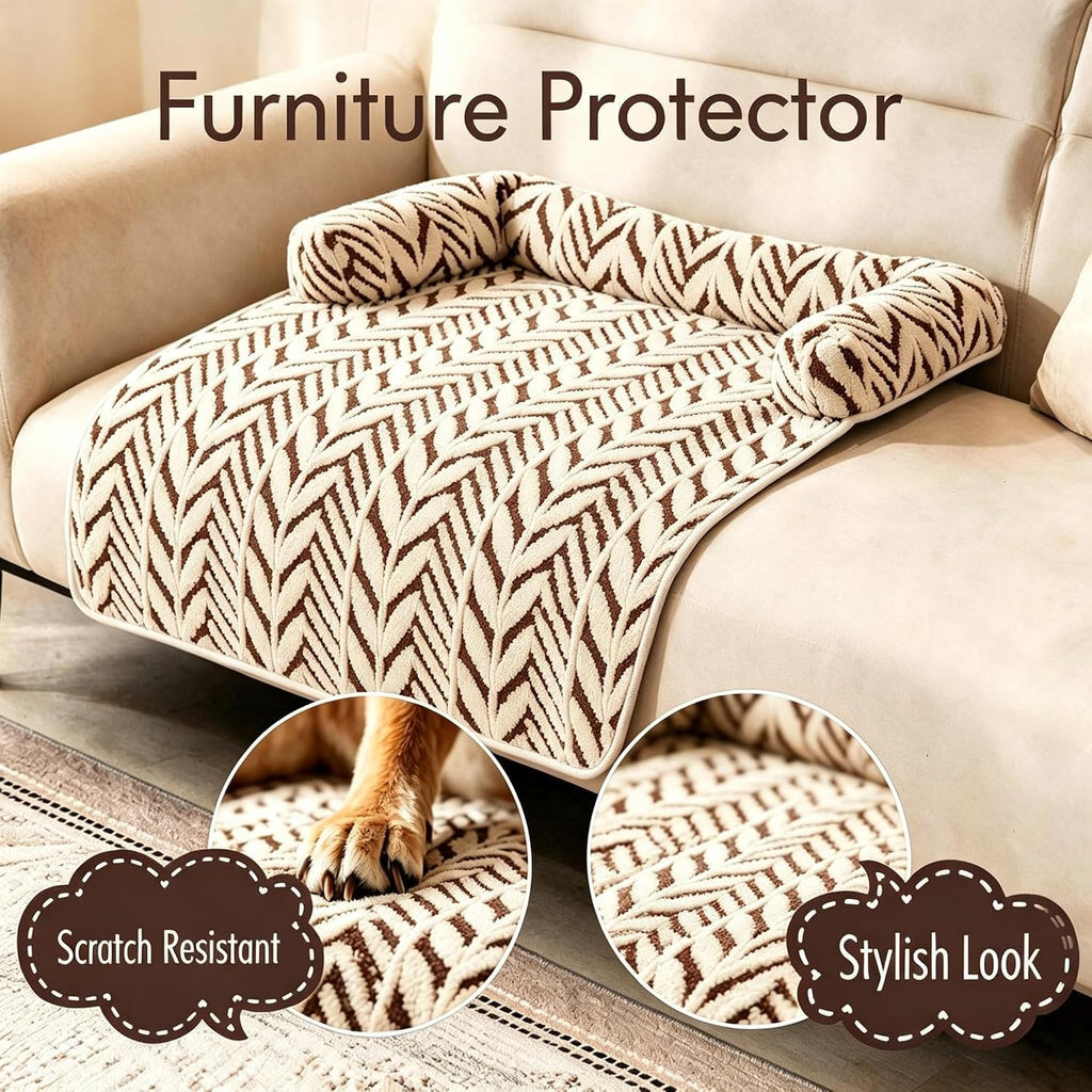 Calming Dog Couch Bed Mats with Neck and Head Support, Fluffy Plush Pet Sofa Cover for Small Medium Dogs and Cats, Non-Slip Bottom, Machine Washable