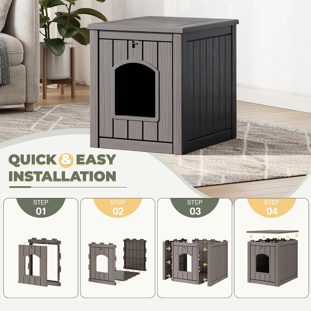Cat Litter Box Enclosure, Openable Front Door Outdoor Enclosed Cat Litter Box, Outdoor Cat House Weatherproof Raised Floor, Easy to Clean, Grey