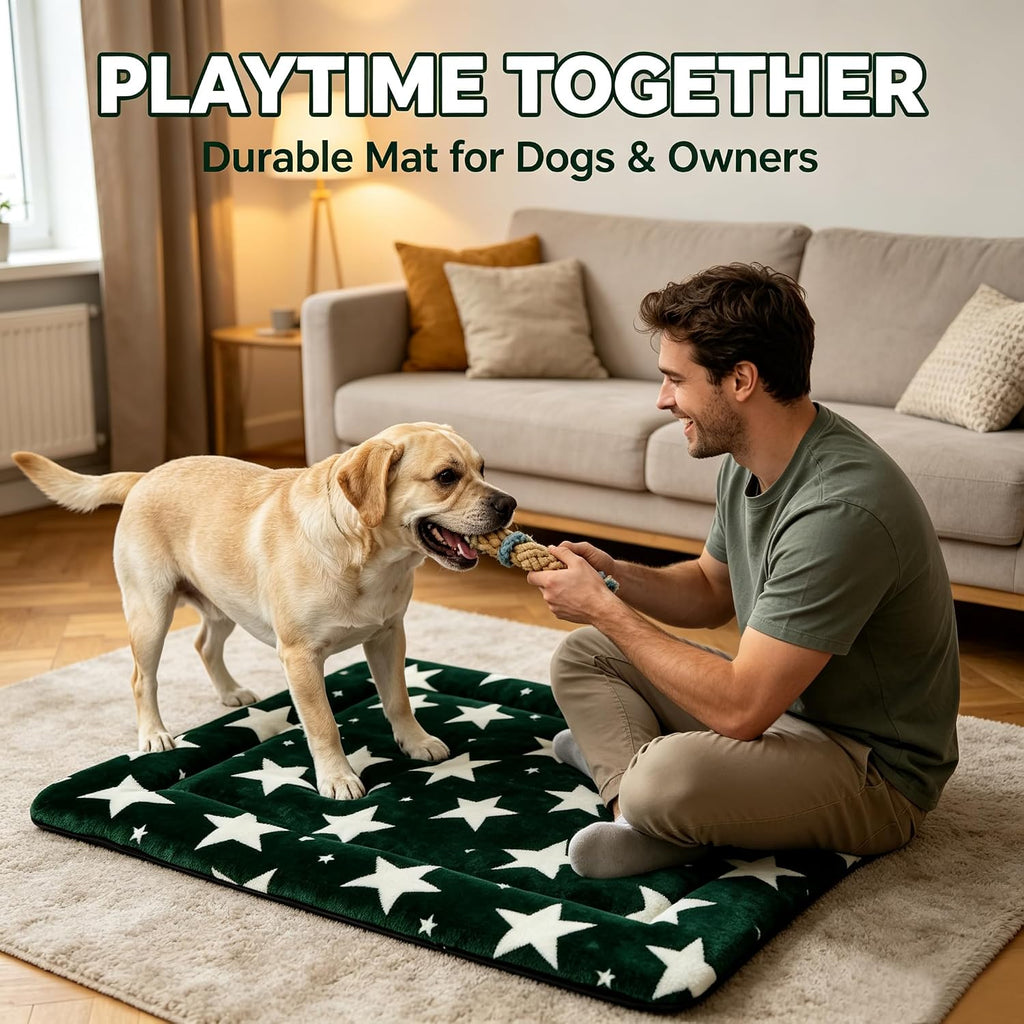 Dog Bed Mat – Soft & Comfortable Dog Kennel Pad for Crate – Durable Crate Bed & Mat for Dogs & Cats – Ideal for Crate, Kennel, and Home Use (Big&Little Stars Green, L(35"*23"*1.5"))