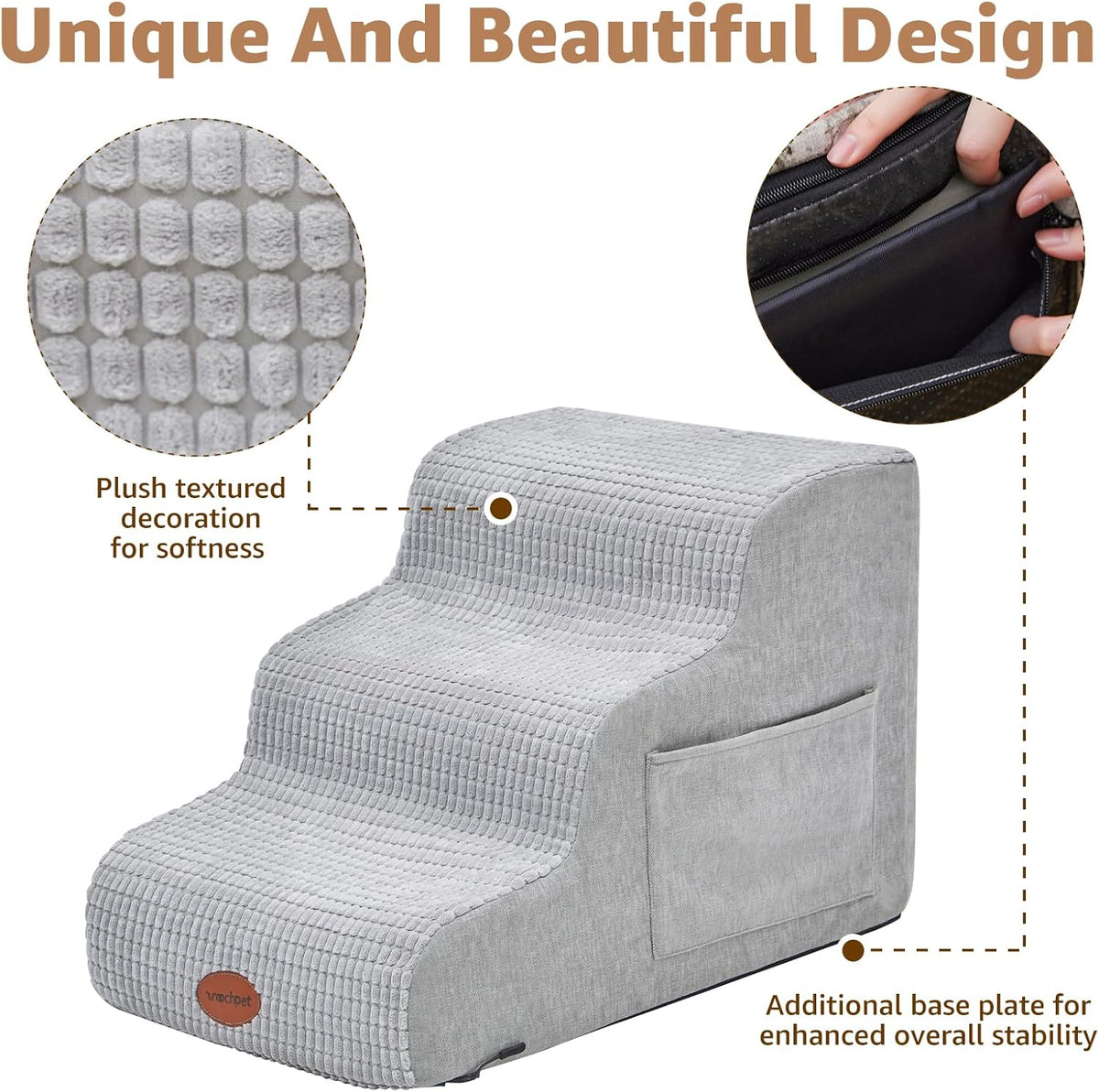 Woochpet 3-Tier Dog Stairs for Beds Foam Ramp Stairs for Couch Light Grey