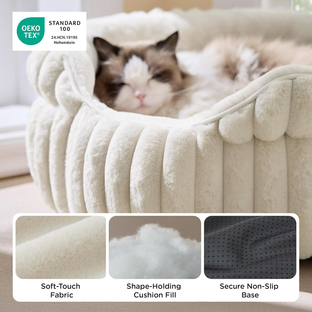 Bedsure ComfyFleece® Washable Cute Cat Bed,Soft Round Kitten Bed,20in,Cream