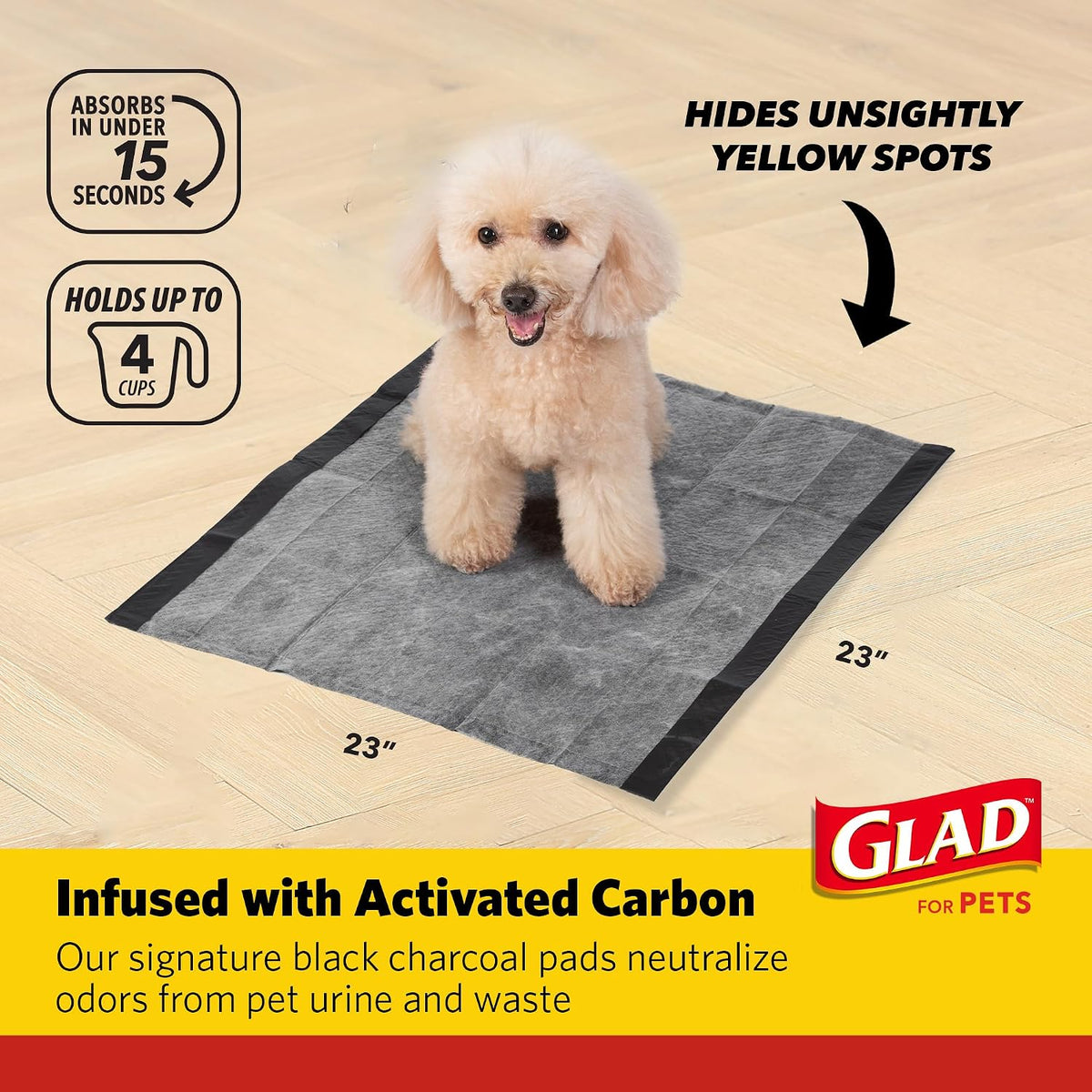 Glad for Pets Activated Carbon Disposable Dog Training Pads, 30 Count, 6-Pk | Activated carbon core, ultra-absorbent, puppies senior dogs and post-surgery recovery, floor and crate protection, 23 x 23 in