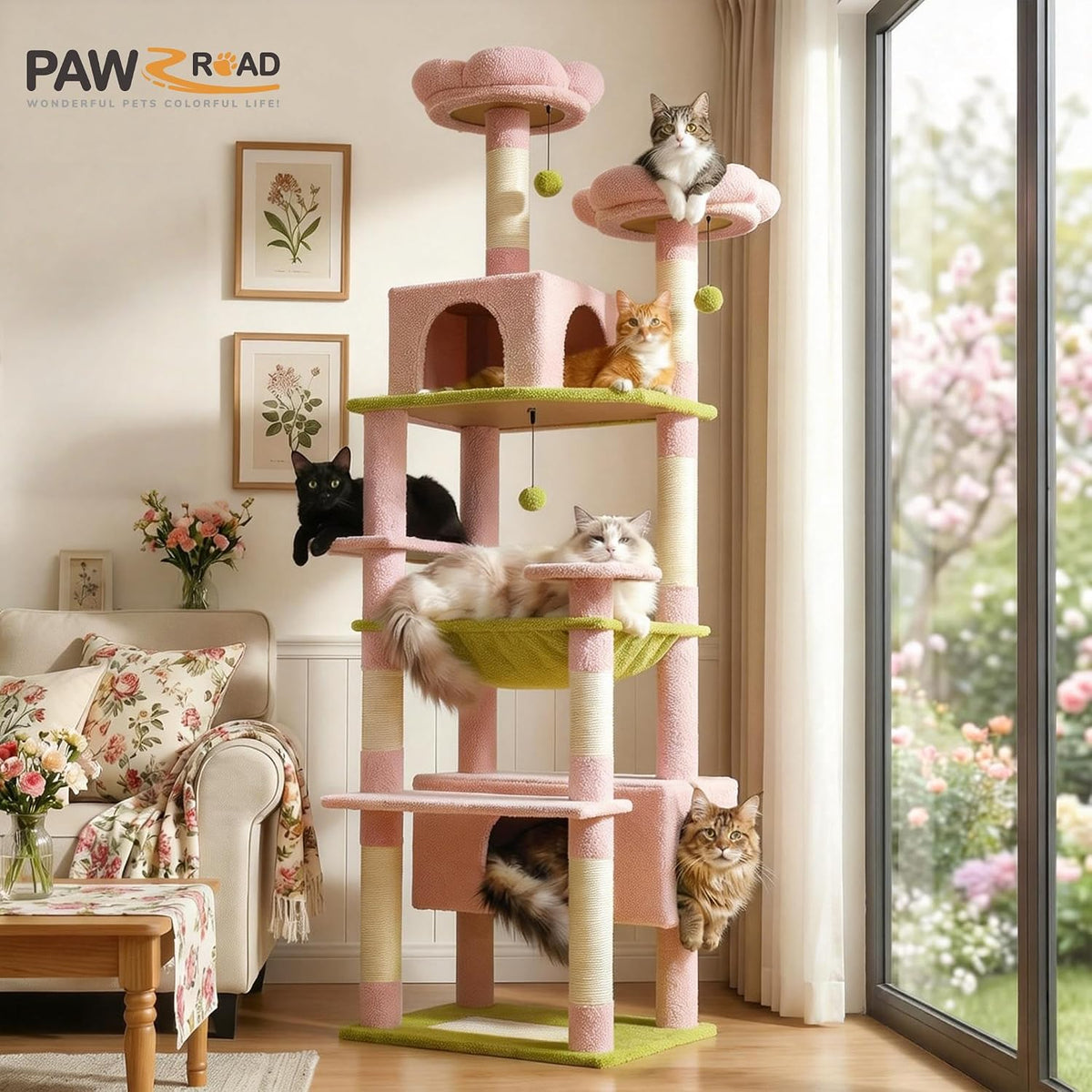 PAWZ Road Flower Cat Tree 72" Cat Tower with Condos&Hammock for Large Cats