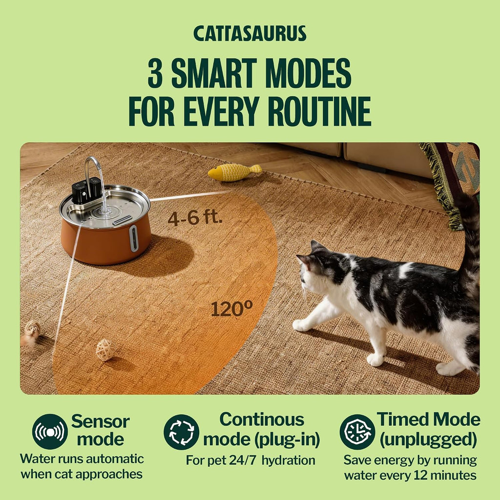 Cattasaurus 135oz Wireless Cat Water Fountain, 304 Stainless Steel Automatic Water Dispenser for Cats, Ultra Quiet, Smart Sensor, 6-Layer Filtration (Coffee, Fountain + 2 Filters (2-Week Supply))