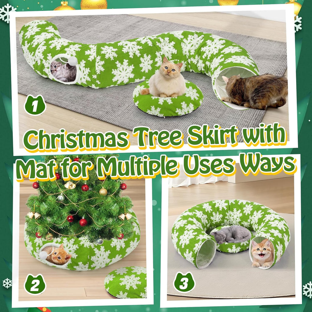 Cat Tunnel Christmas Tree Skirt for 5-7.5ft Trees - Prevent Christmas Tree Falling, Snowflake Patterns Warm Soft Cat Tube Bed with Anti-Slip Mat