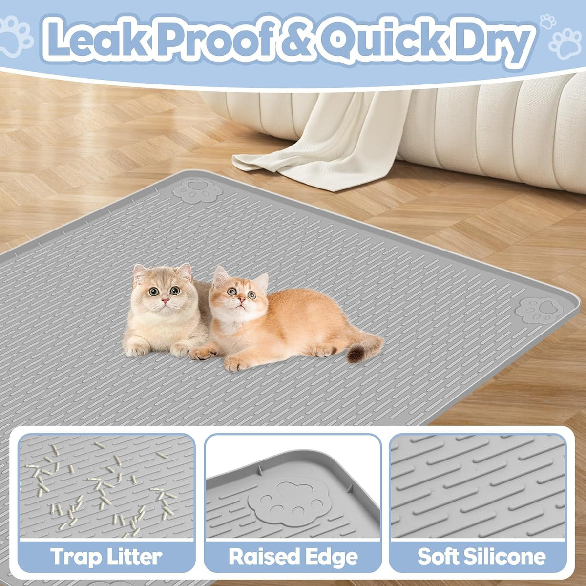 Silicone Cat Litter Mat for Litter Box 40”x28” Large Cat Mat, Light Grey | Waterproof, Non-Slip, Leak-Proof Rug Mat with Lip, Easy to Clean, Extra Large Litter Catcher Mat for Floor