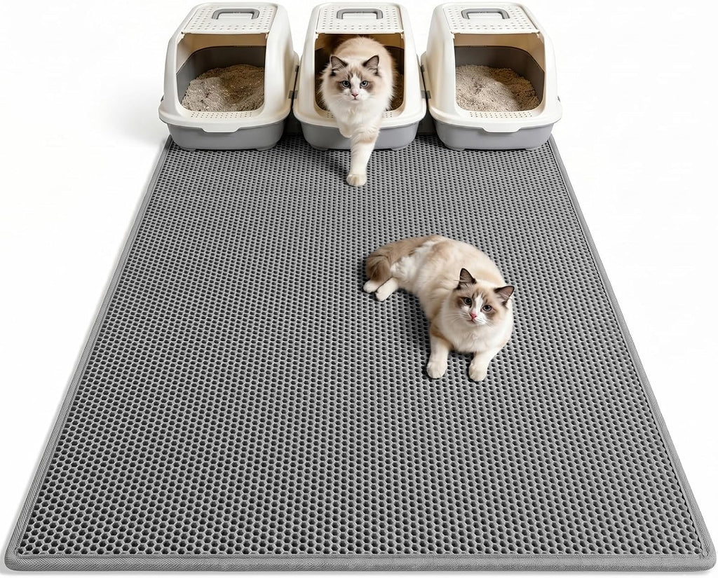 Pieviev Cat Litter Box Mat, Double-Layer Urineproof Design, 47" x 36" Gray | Honeycomb Litter Trapping Mat Captures Scattered Particles to Stop Tracking, Waterproof Base Protects Floors, Easy to Clean