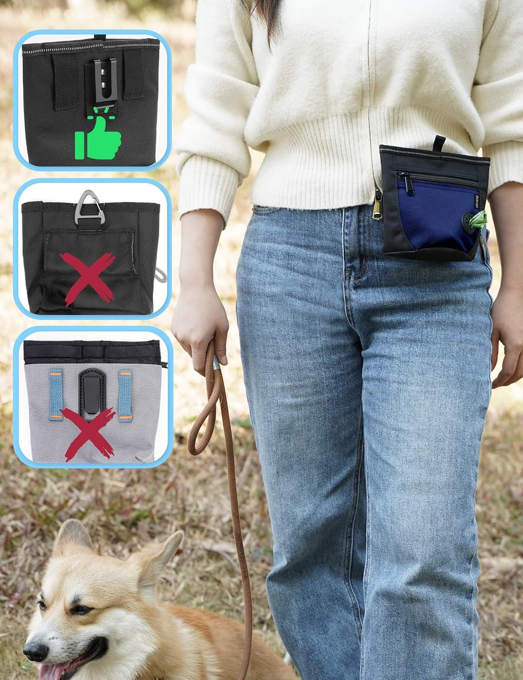 Gobeigo 2 Cup Dog Treat Pouch with Training Clicker(Black/Blue)