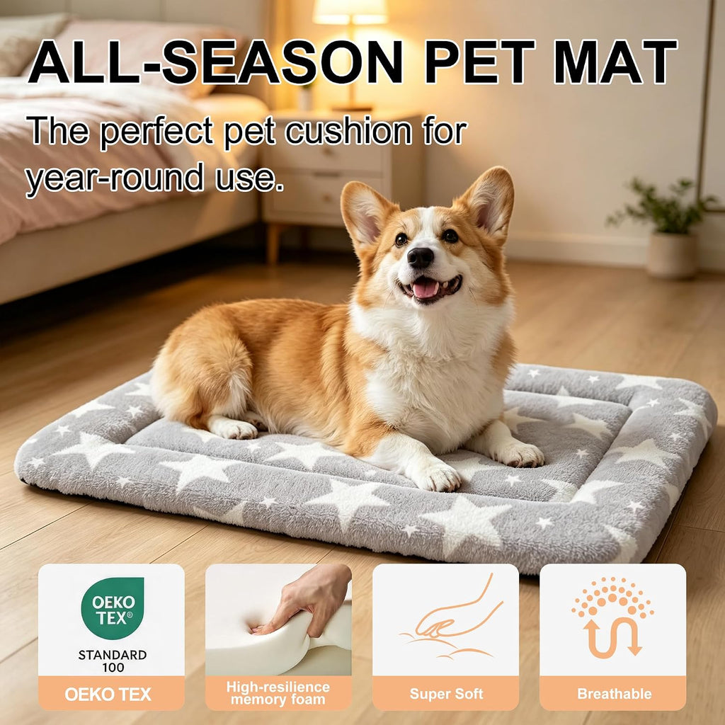 Dog Bed Mat, Reversible Crate Pad & Cute Dog Bed - Machine Washable Kennel Mat with Ultra Soft (Big&Small Stars Gray, 24" L*18" W*1.5" Th)