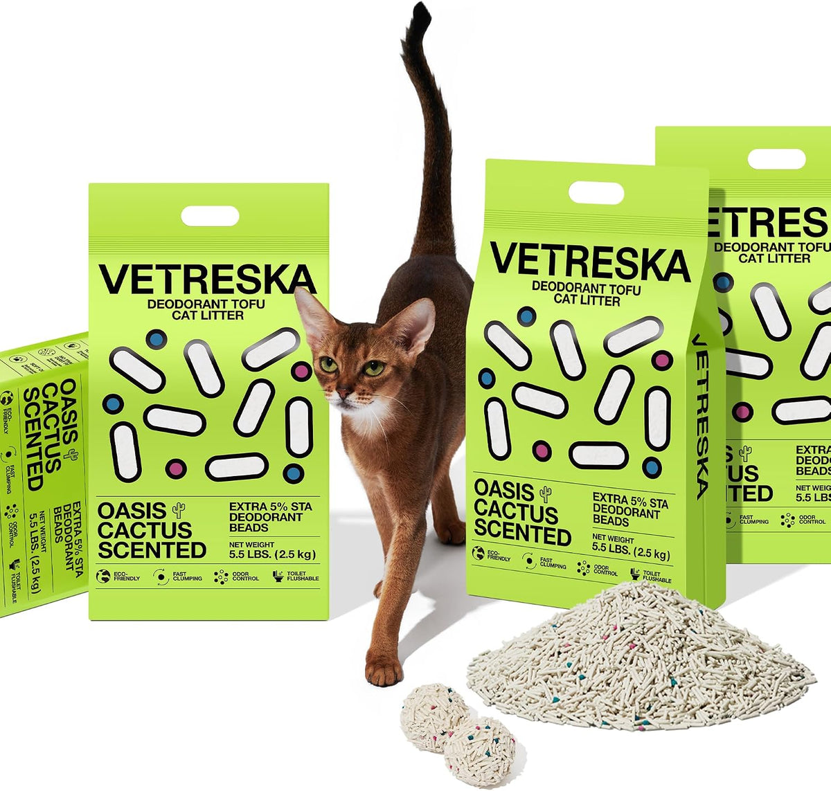 VETRESKA Tofu Cat Litter, Odor Control, Cactus 5.5lb×4bags
