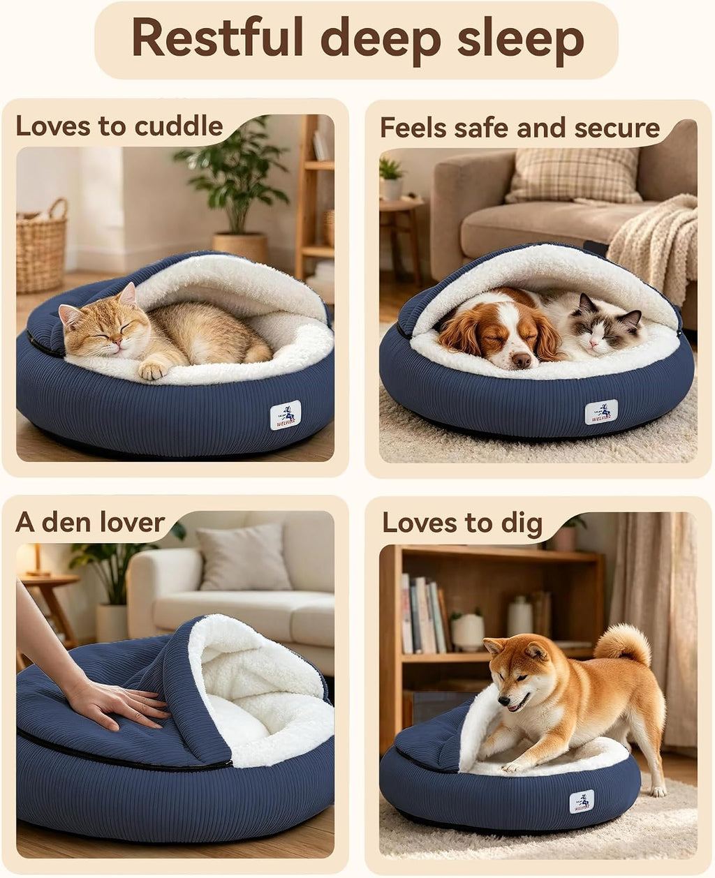 Calming Cozy Dog Cave Cover Bed, Burrow Small Doggy Anti Anxiety