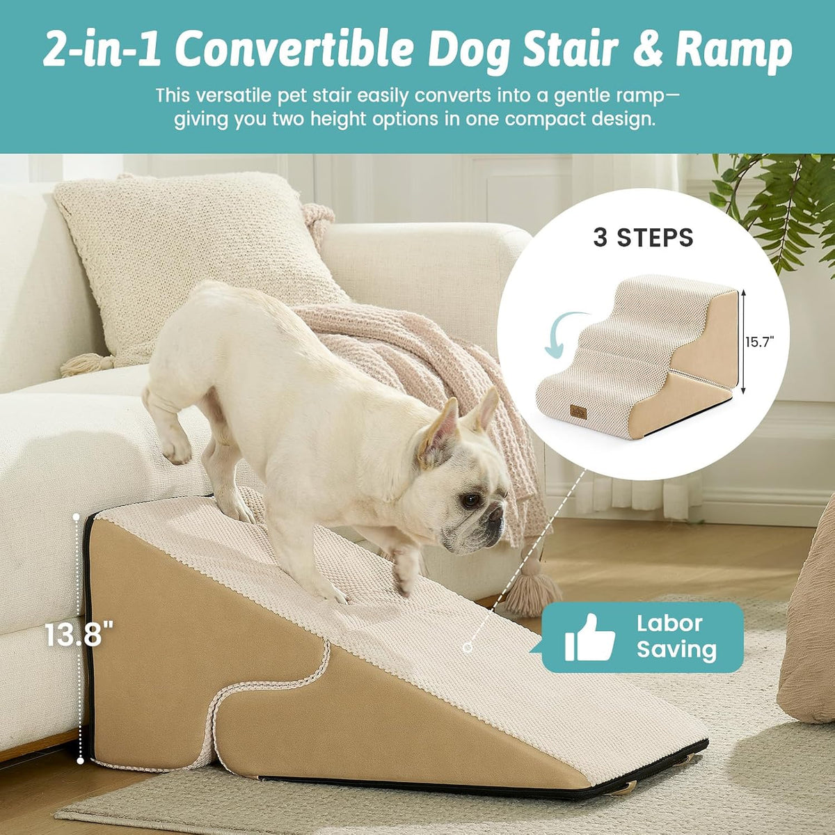 COZY KISS Dog Stairs for Small Dogs, 3-Step 2-in-1 Dog Steps,15.7" H