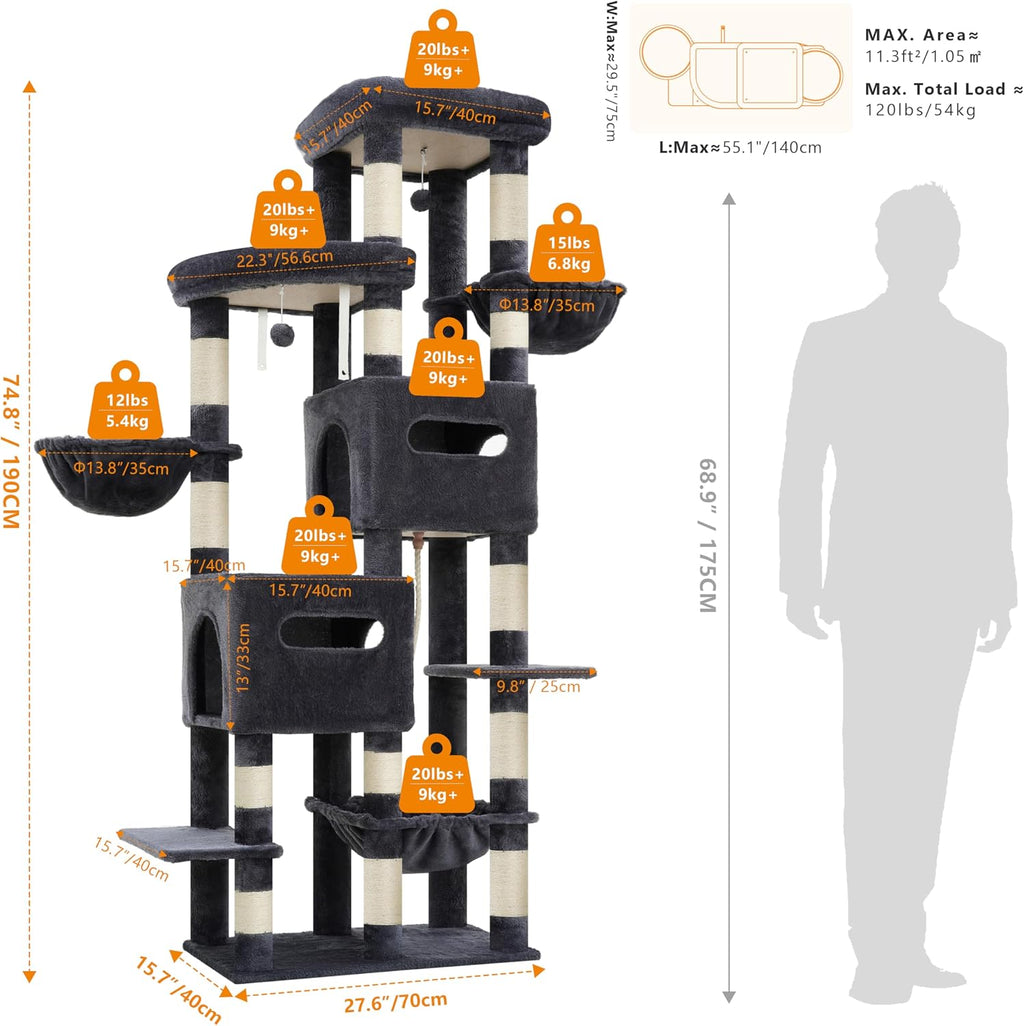 Heybly Cat Tree, 74.8-Inch Spacious & Tall Cat Tower for Large Cats HCT062G