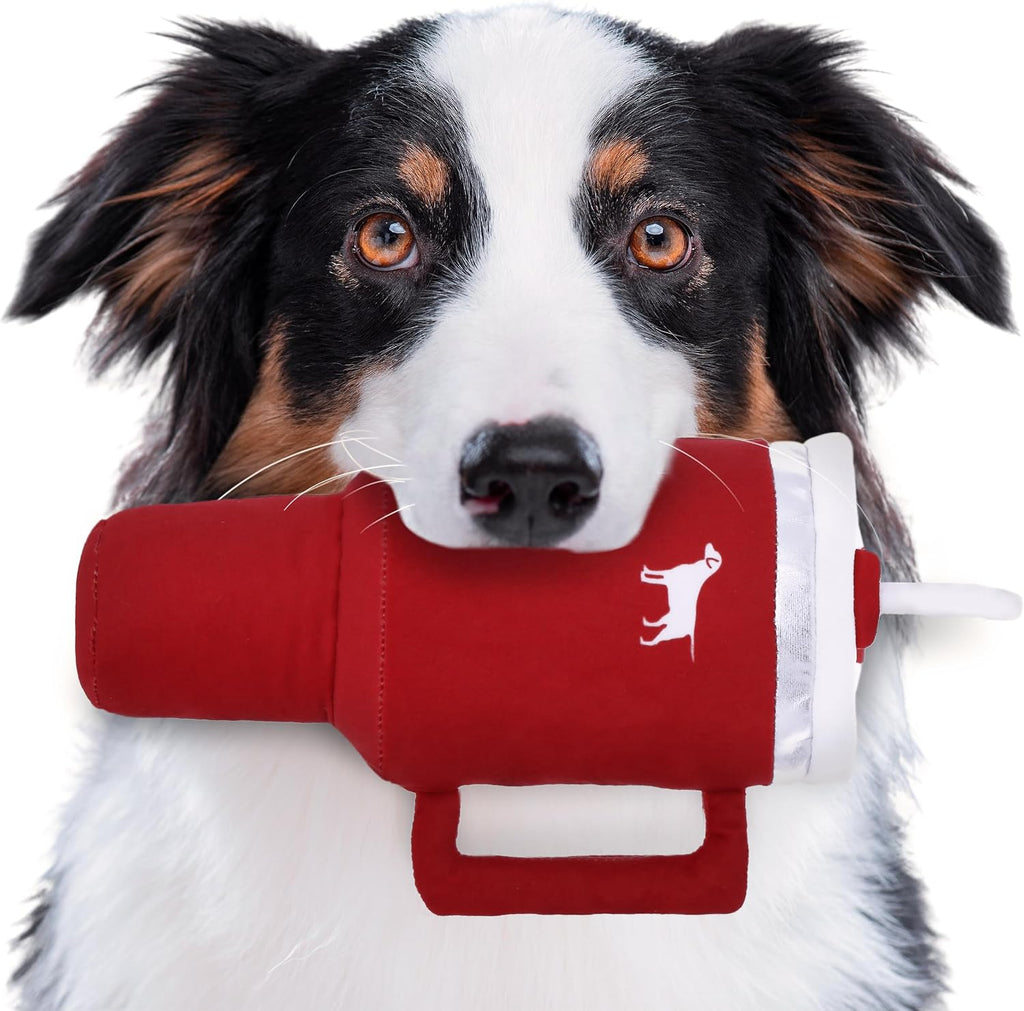 PUPROAR Pup Cup Tumbler Dog Toy, Cute Birthday Gift for Girl Dogs, Plush Squeaky Puppy Present for Small, Medium & Large Breeds (Ruby Red)