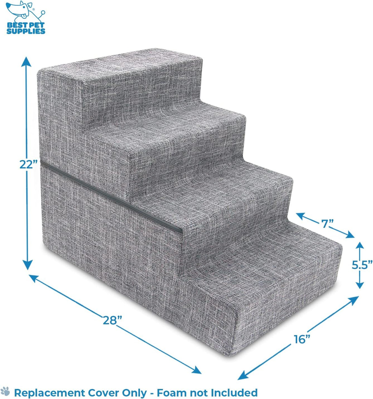 Best Pet Supplies Dog Stairs & Steps - Foam Steps for Small Dogs & Cats, Non-Slip Indoor Balanced Pet Step Support, Dog Ramp, No Assembly, Ash Gray Linen, Foldable 4-Step (22-inch Height)