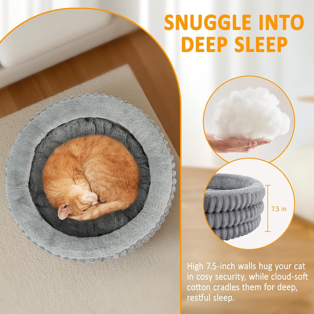 Cat Bed, 20’’ Round Donut Fluffy Cat Beds for Indoor Cats and Small Dogs, Washable Deep Sleep Calming Pet Bed Kitten Bed