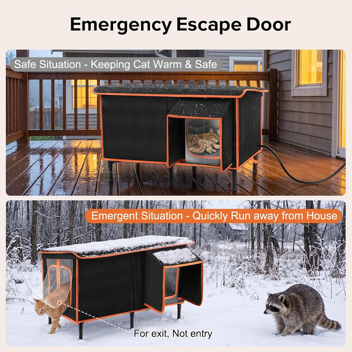 Heated Cat House for Outside in Winter, Weatherproof Outdoor Cat House with Cat Heating Pad, Waterproof &Safe Escape Door, Insulated Cat Shelter with Heater for Feral Barn Cats Kitty (Black, L)