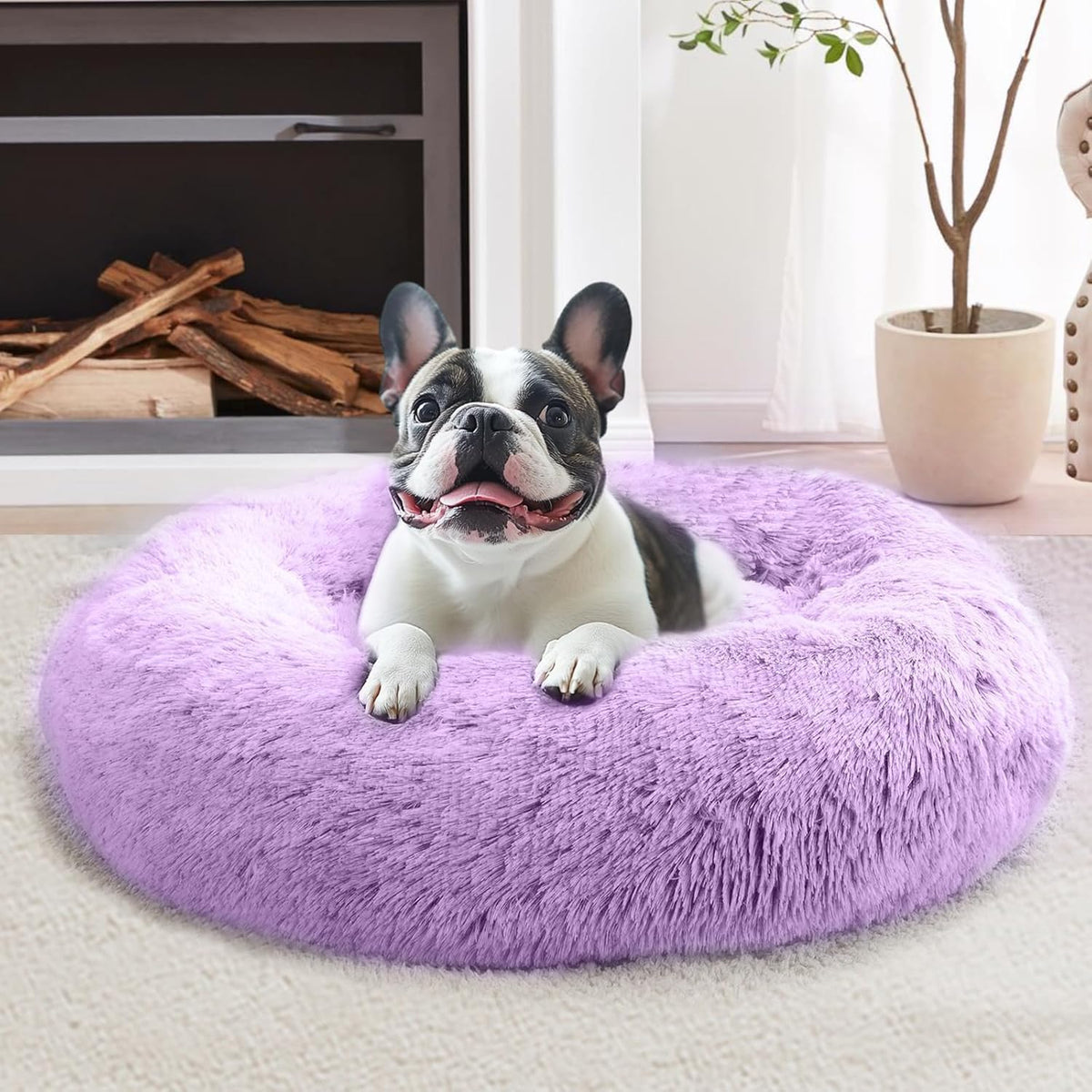 JOLLYVOGUE Calming Dog Beds Large Sized Dog, 36in Donut Washable Large Pet Bed, Anti-Slip & Anti-Anxiety Fluffy Faux Fur Round Dogs Bed, Fits up to 80 lbs Pets (Purple)
