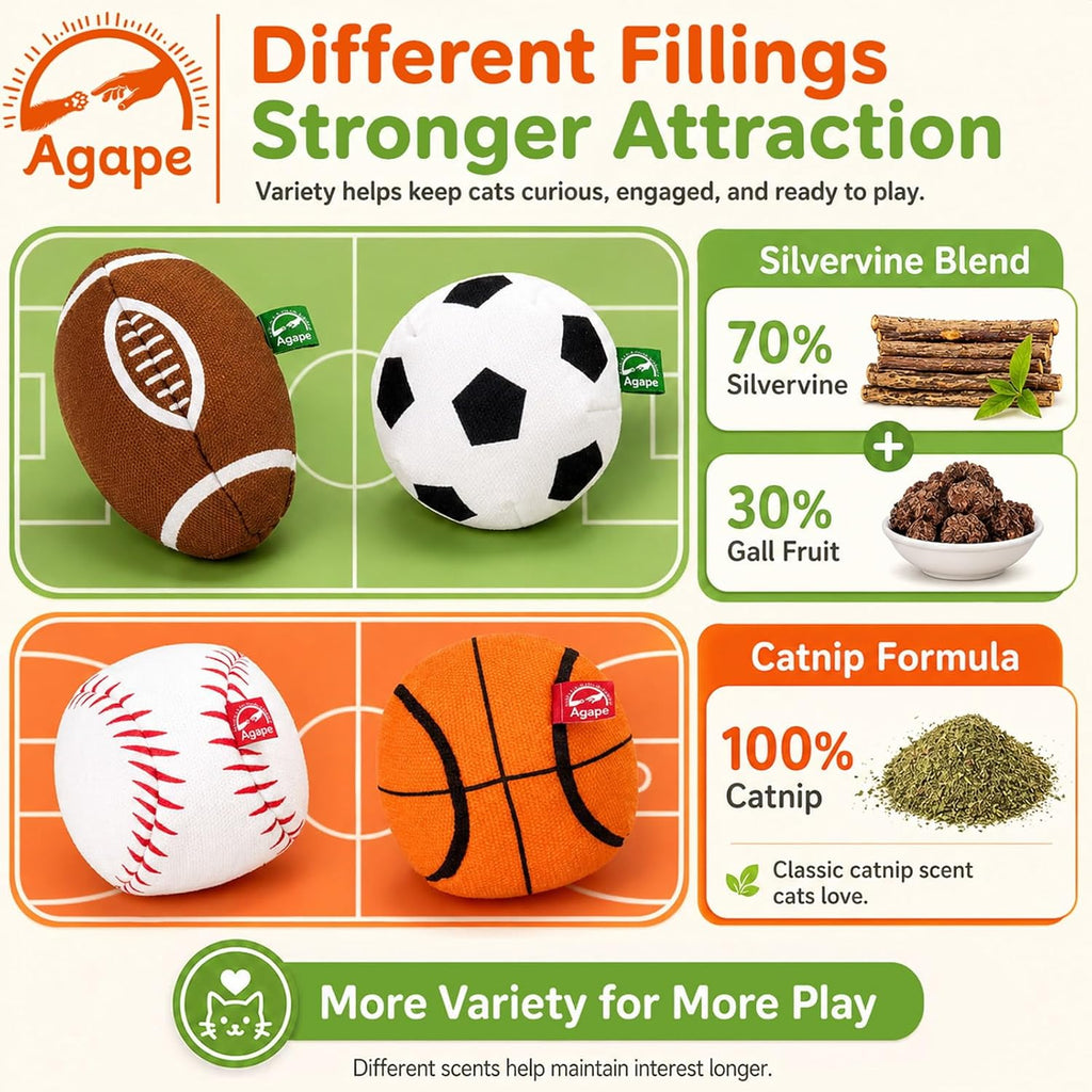 Agape Organic Catnip & Silvervine Filled Cat Toy Balls with Bell Sound