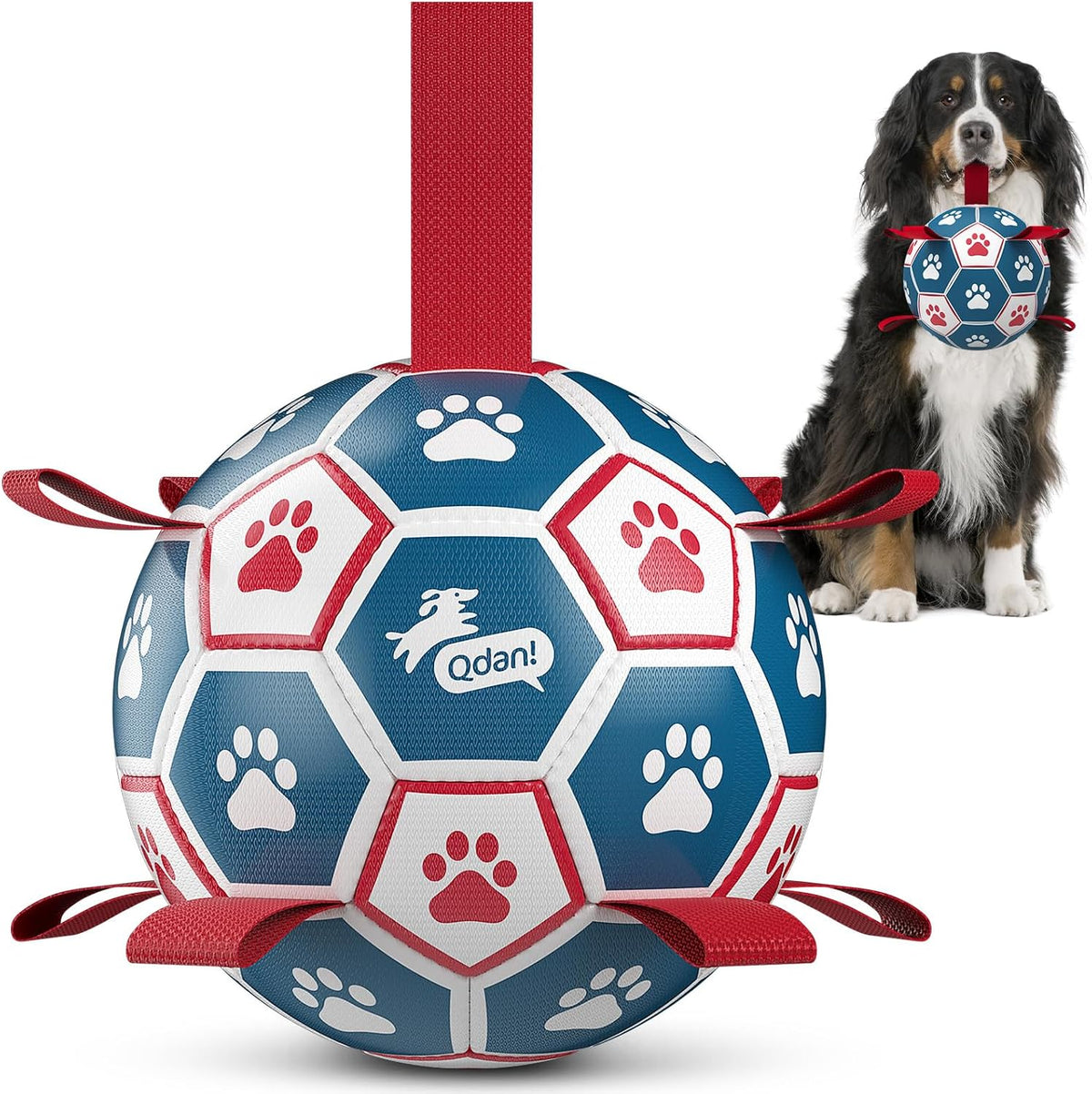 QDAN Large Dog Soccer Ball with Straps, 9 Inch Big Balls for >90 lbs Dogs | Giant Herding Ball for Dogs, Interactive Dog Toys for Tug of War, Puppy Birthday Gifts, Water Toy, Training Soccer Balls