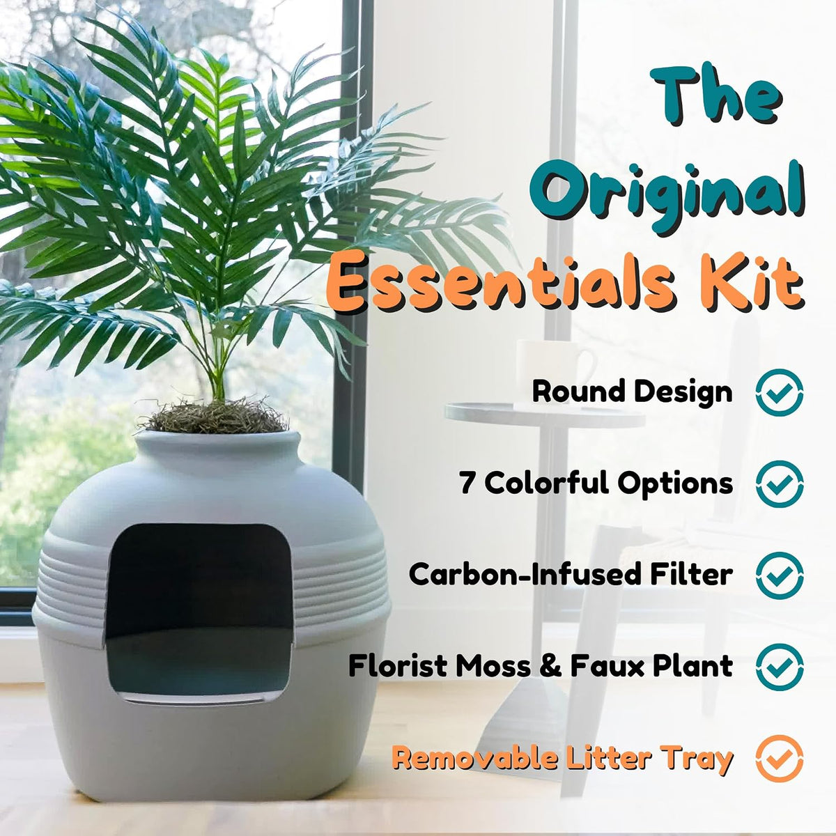 Good Pet Stuff Original Hidden Litter Box Planter, Decorative Cat Litter Enclosure, Carbon Filter, Faux Plant, Easy to Clean, Round Design, Removable Tray, Essentials Kit, Palm Plant, Pebble Gray