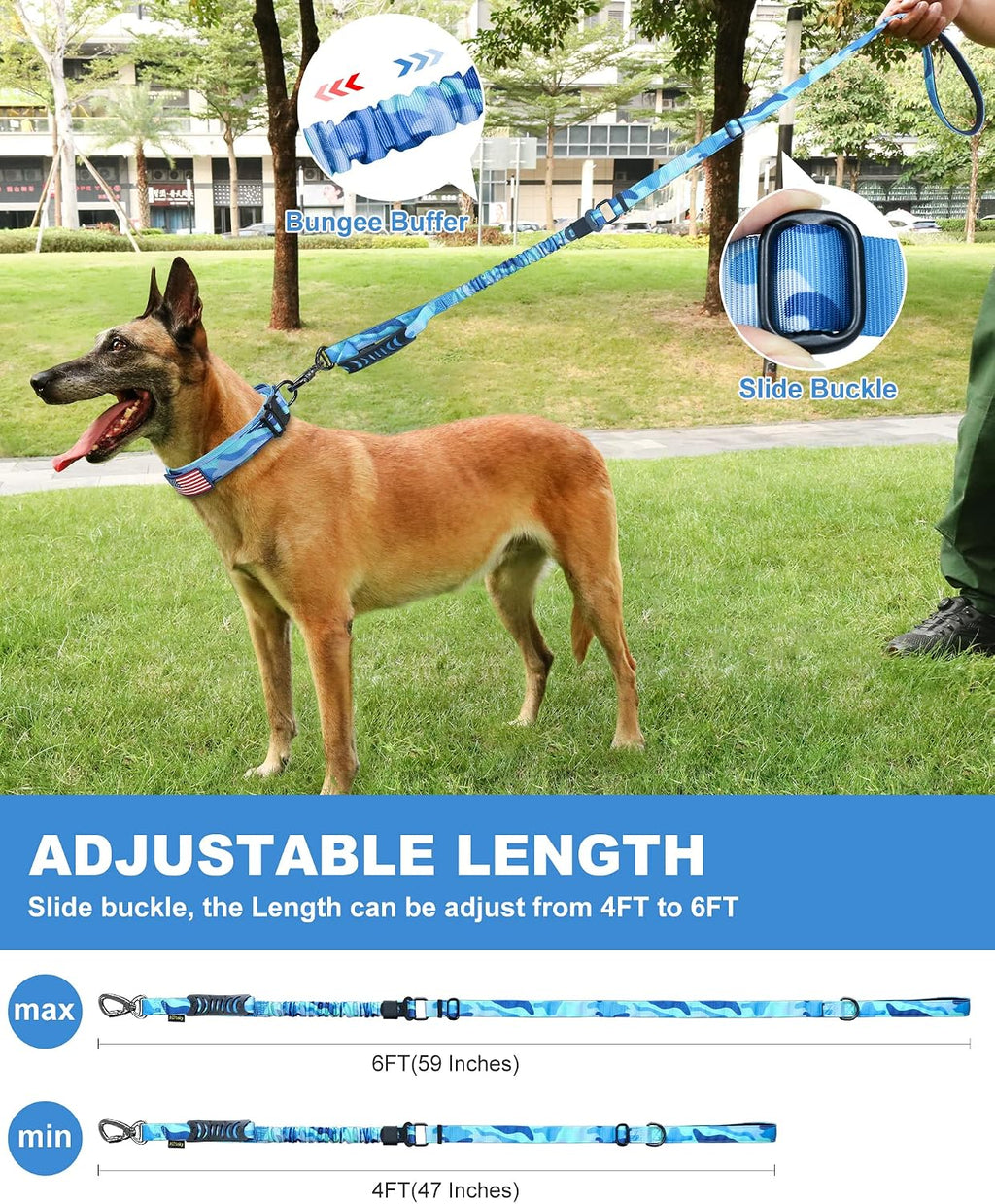 Hotsky Tactical Bungee Shock Absorbing No Pull Dog Leash,Blue Camo,4-6FT